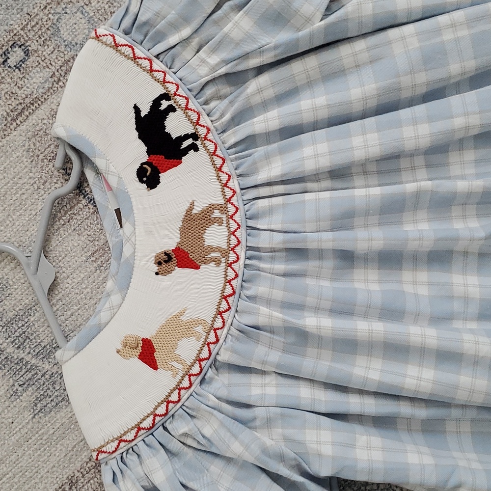 SOLD Banana Split Girls Smocked Embroidered Dog Bishop Dress Sz6 - Picture 3 of 11